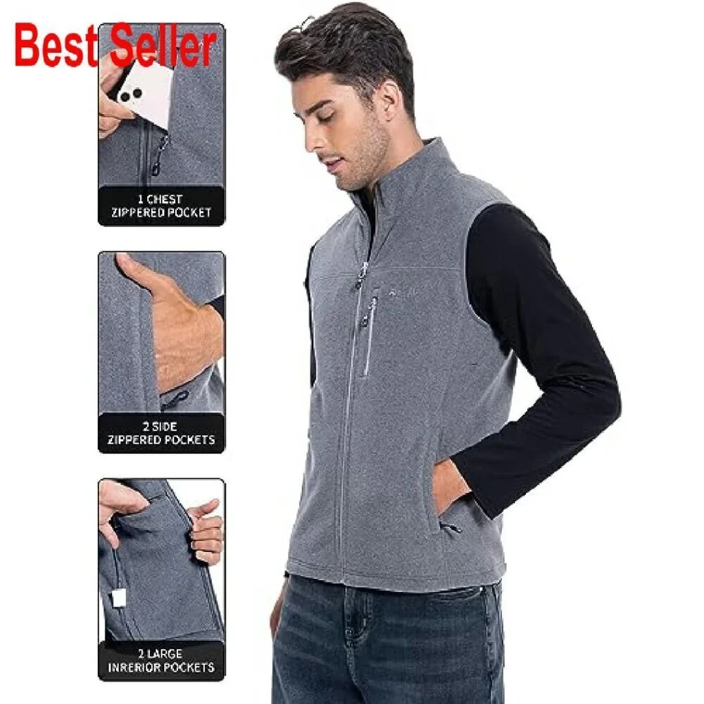 Men's Full-Zip Polar Fleece Vest Lightweight Sleeveless Jacket 5 Pockets